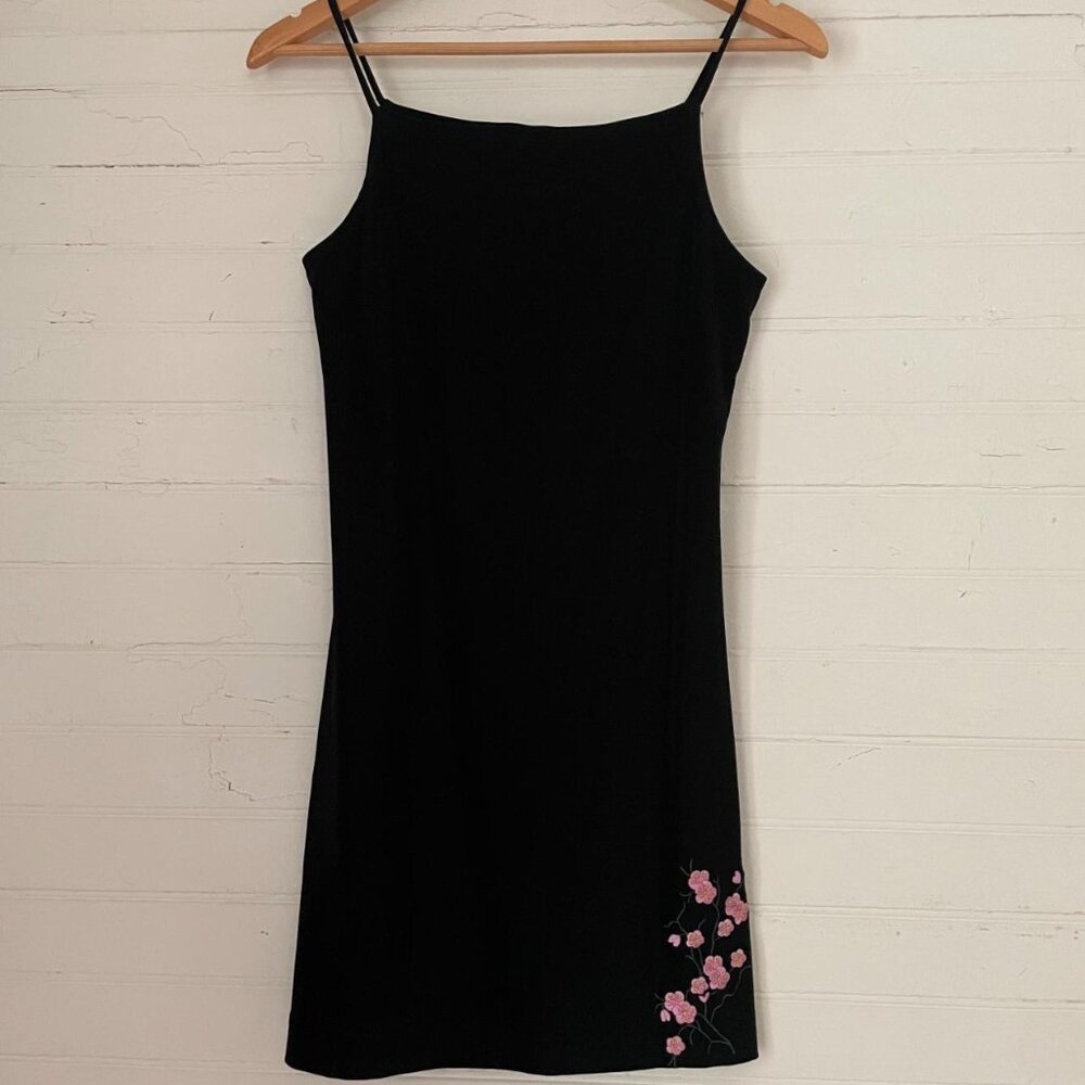 Vintage black minidress with pink flowers